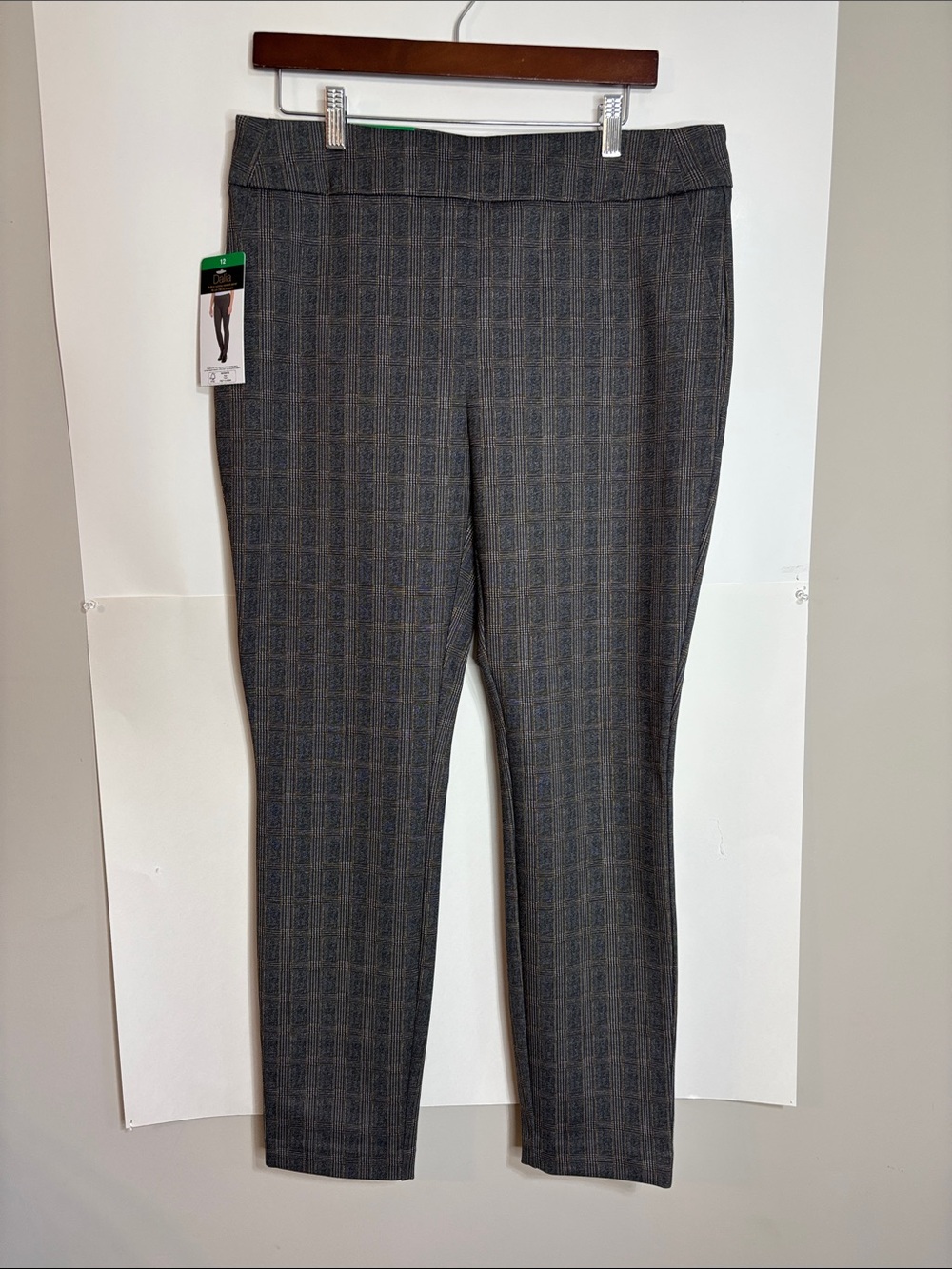 Dalia Stretch Plaid Ponte Knit Ankle Pants Grey/Gold Size 12 NWT